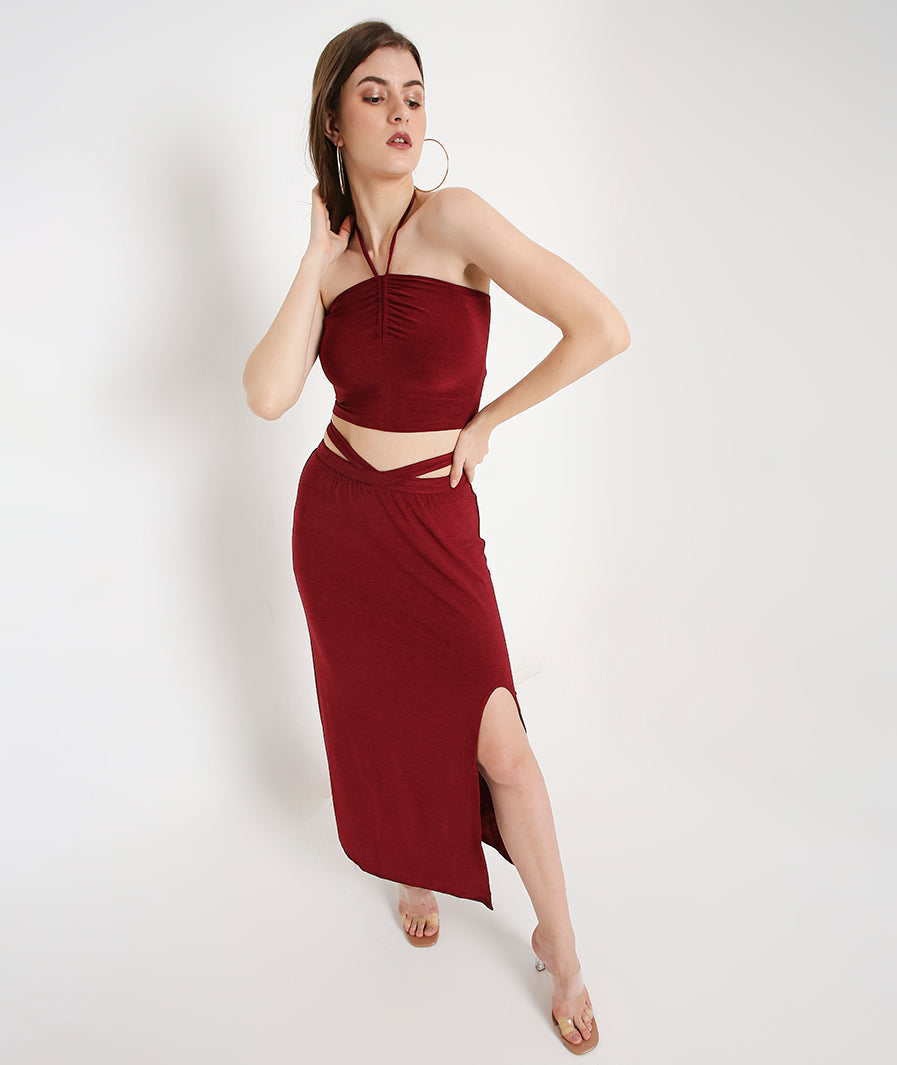 Maroon Long Skirt with Side Cut-Out and Front Slit styled for party and vacation – detail close-up
