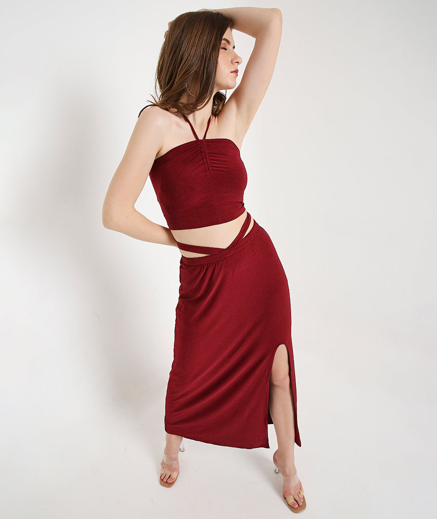 Maroon Long Skirt with Side Cut-Out and Front Slit styled for party and vacation – back view
