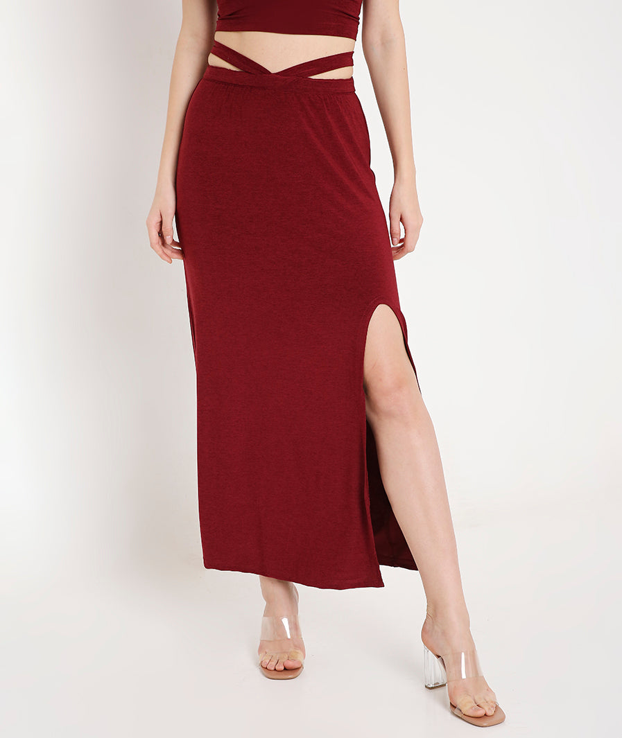 maroon long skirt: Maroon Long Skirt with Side Cut-Out and Front Slit (side angle)
