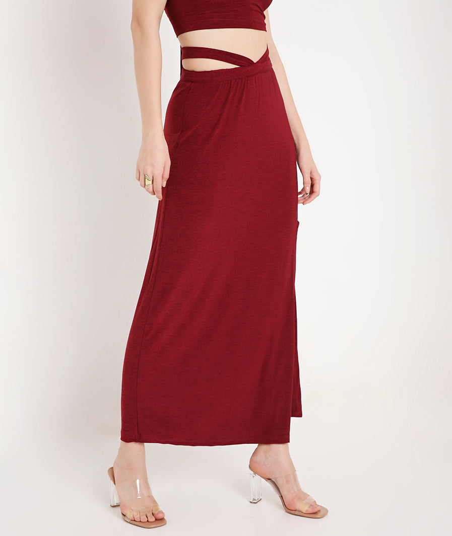 Maroon Long Skirt with Side Cut-Out and Front Slit styled for party and vacation – vacation styling
