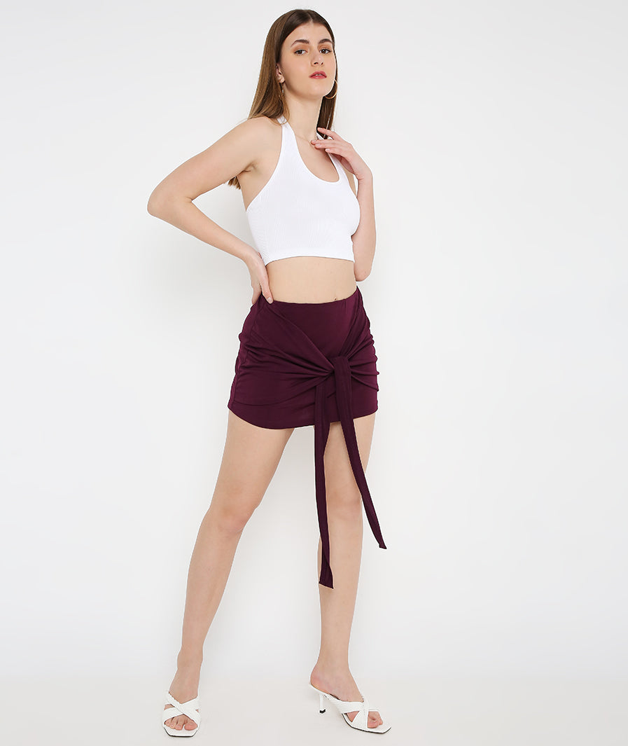 Marcel & Mae Mauve Front Tie Mini Skirt for Women for Women, front view, mauve mini skirt
