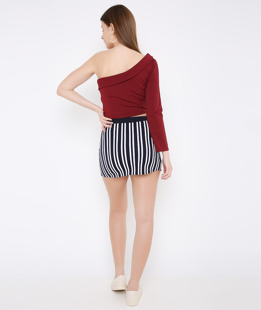 Navy Blue Stripe Mini Skirt – print detail western mini skirt for women, Marcel & Mae
