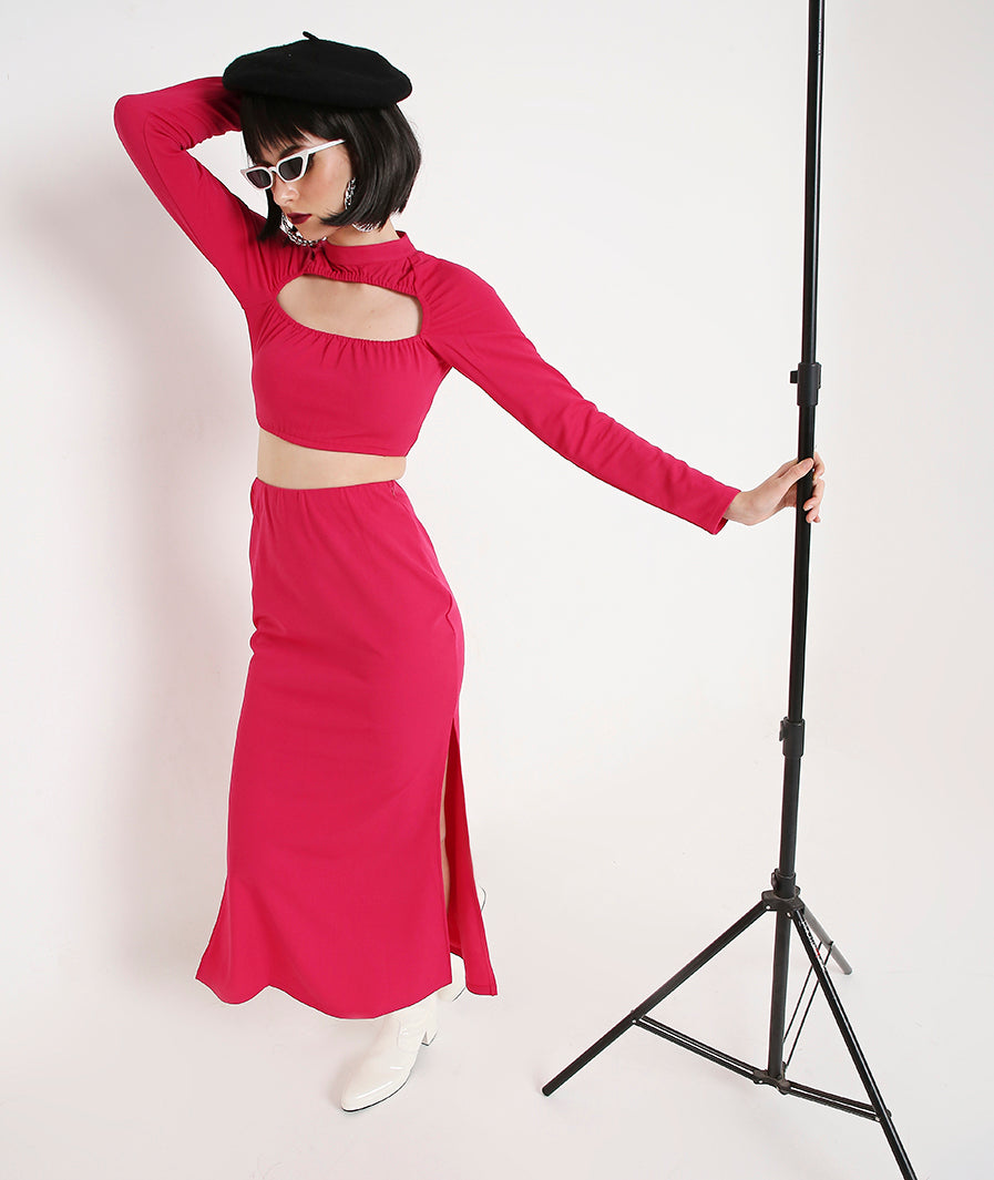 pink long skirt: Pink Cocktail Slit Skirt (detail close-up)
