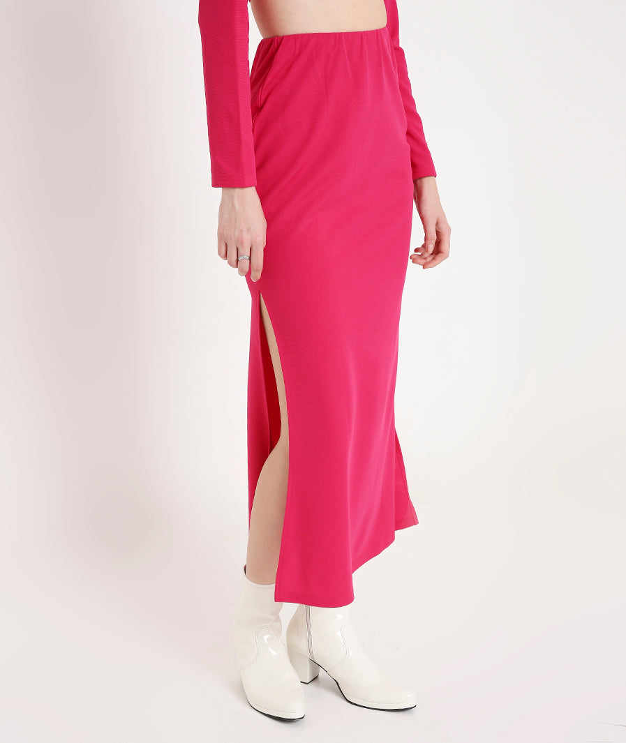 side angle of Pink Cocktail Slit Skirt – soft stretch western skirt, Marcel & Mae
