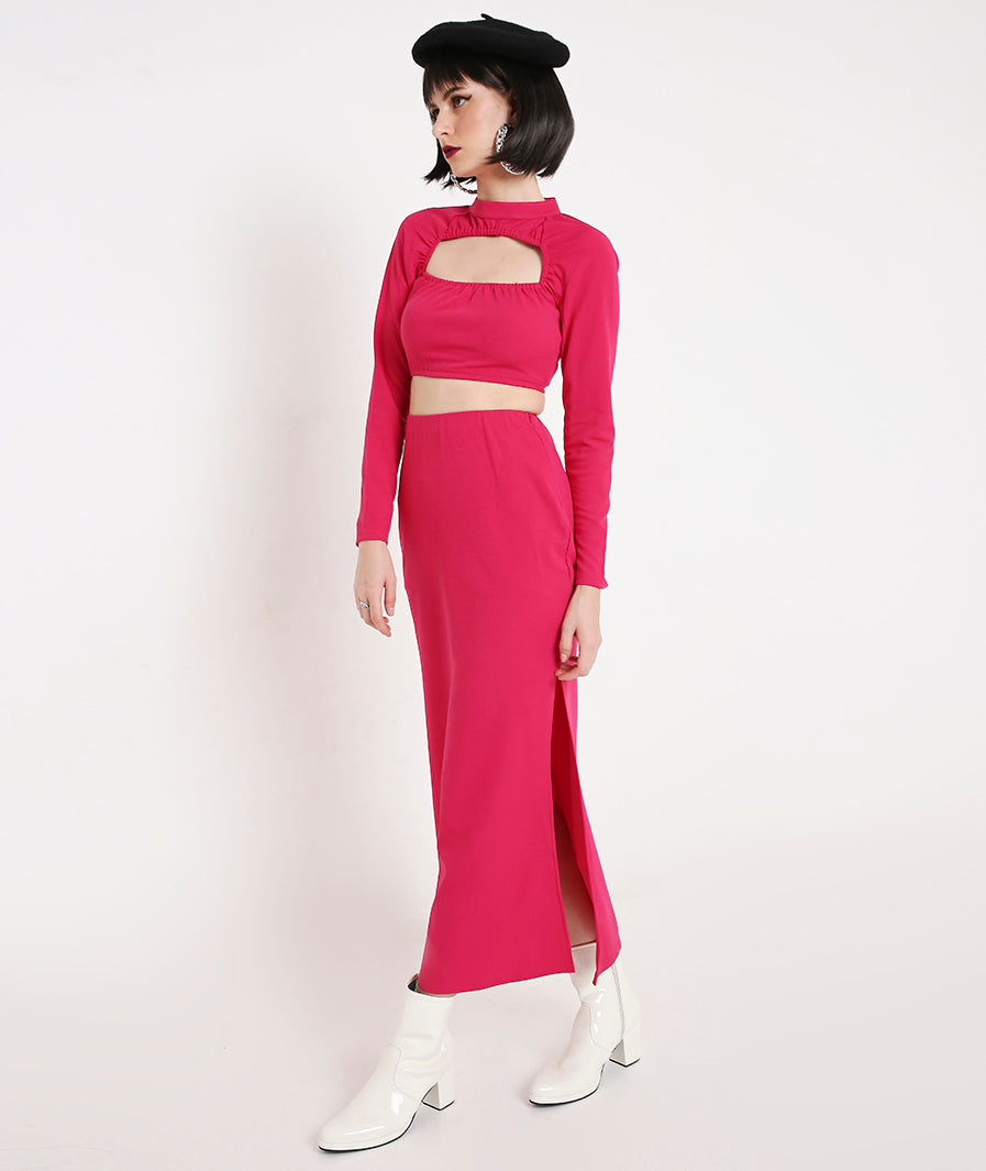 Pink Cocktail Slit Skirt styled for party and vacation – print detail
