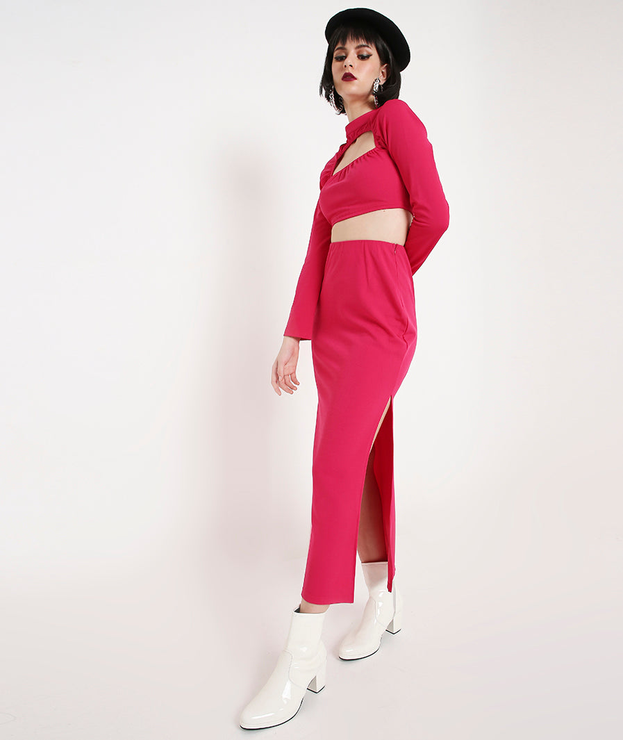hem detail of Pink Cocktail Slit Skirt – soft stretch western skirt, Marcel & Mae
