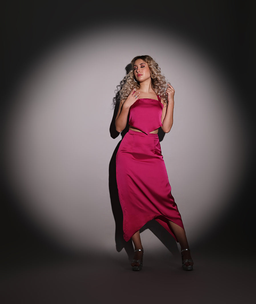 pink skirt: Pink Satin Mid-Length Skirt (side angle)
