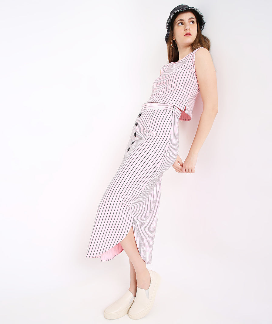 Pink Stripe Long Skirt with Buttons styled for party and vacation – walking shot
