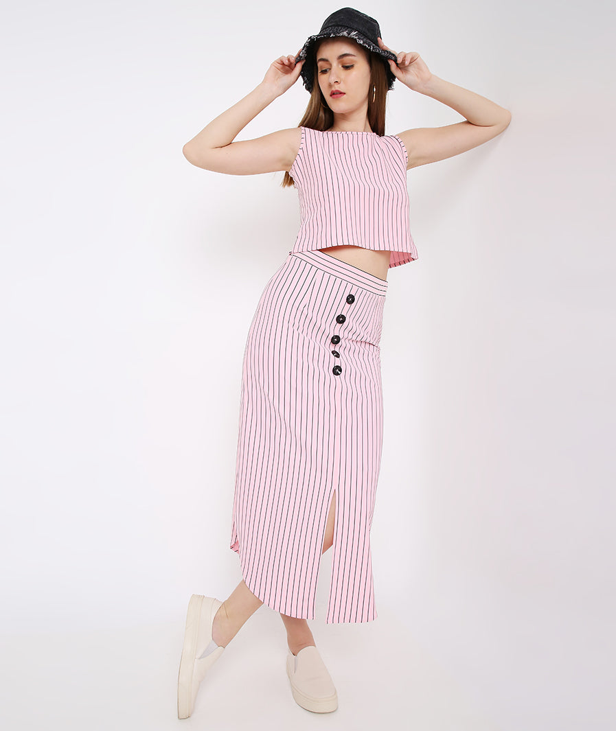 pink long skirt: Pink Stripe Long Skirt with Buttons (detail close-up)
