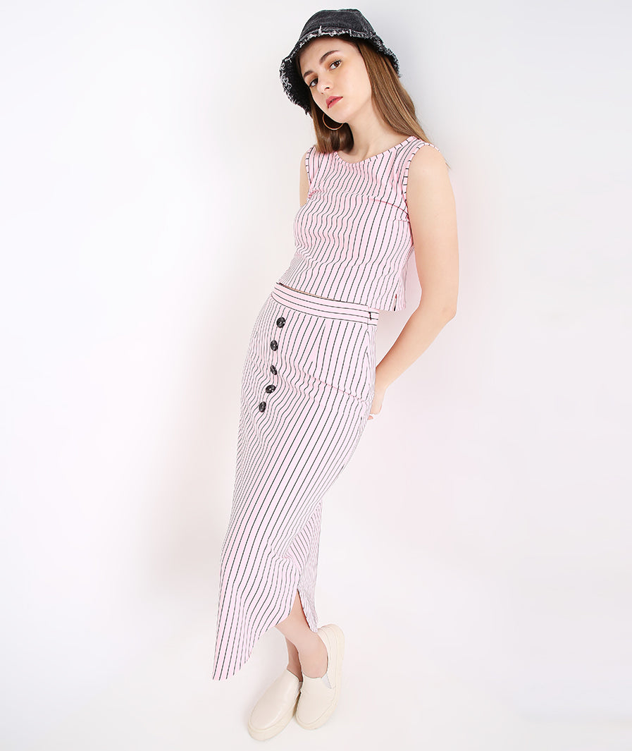 Marcel & Mae Pink Stripe Long Skirt with Buttons, texture close-up, pink long skirt
