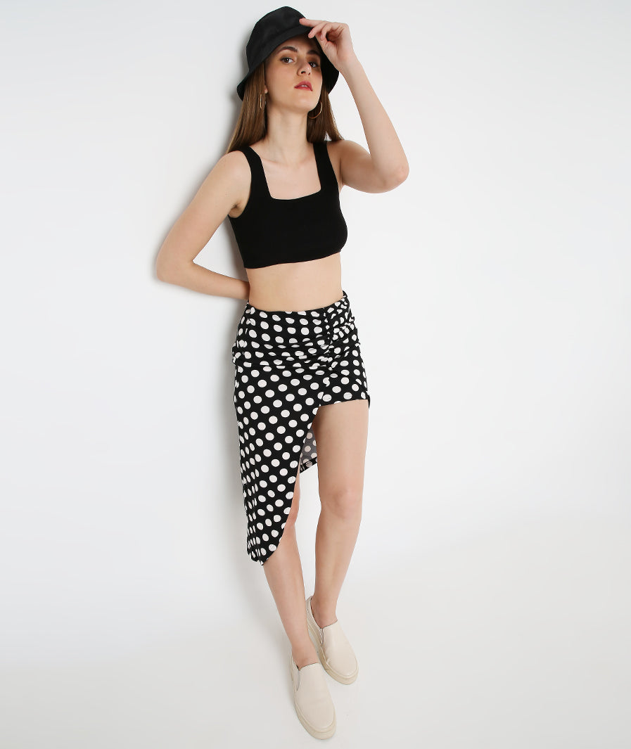 statement midi skirt: Polka-Dot Midi Skirt (print detail)
