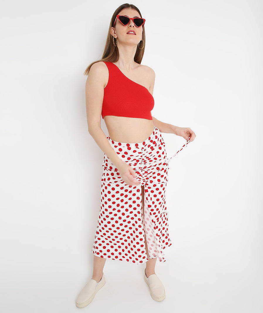 red long skirt: Red Polka Drawstring Long Skirt for Women for Women (knot / tie detail)
