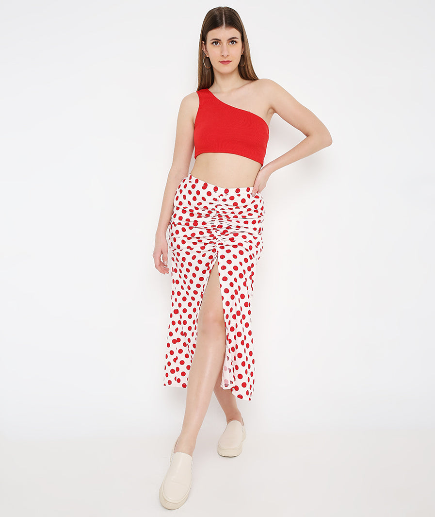 Red Polka Drawstring Long Skirt for Women for Women styled for party and vacation – texture close-up
