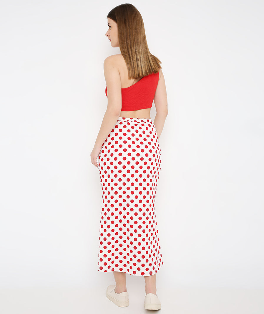 side angle of Red Polka Drawstring Long Skirt for Women for Women – soft stretch western skirt, Marcel & Mae
