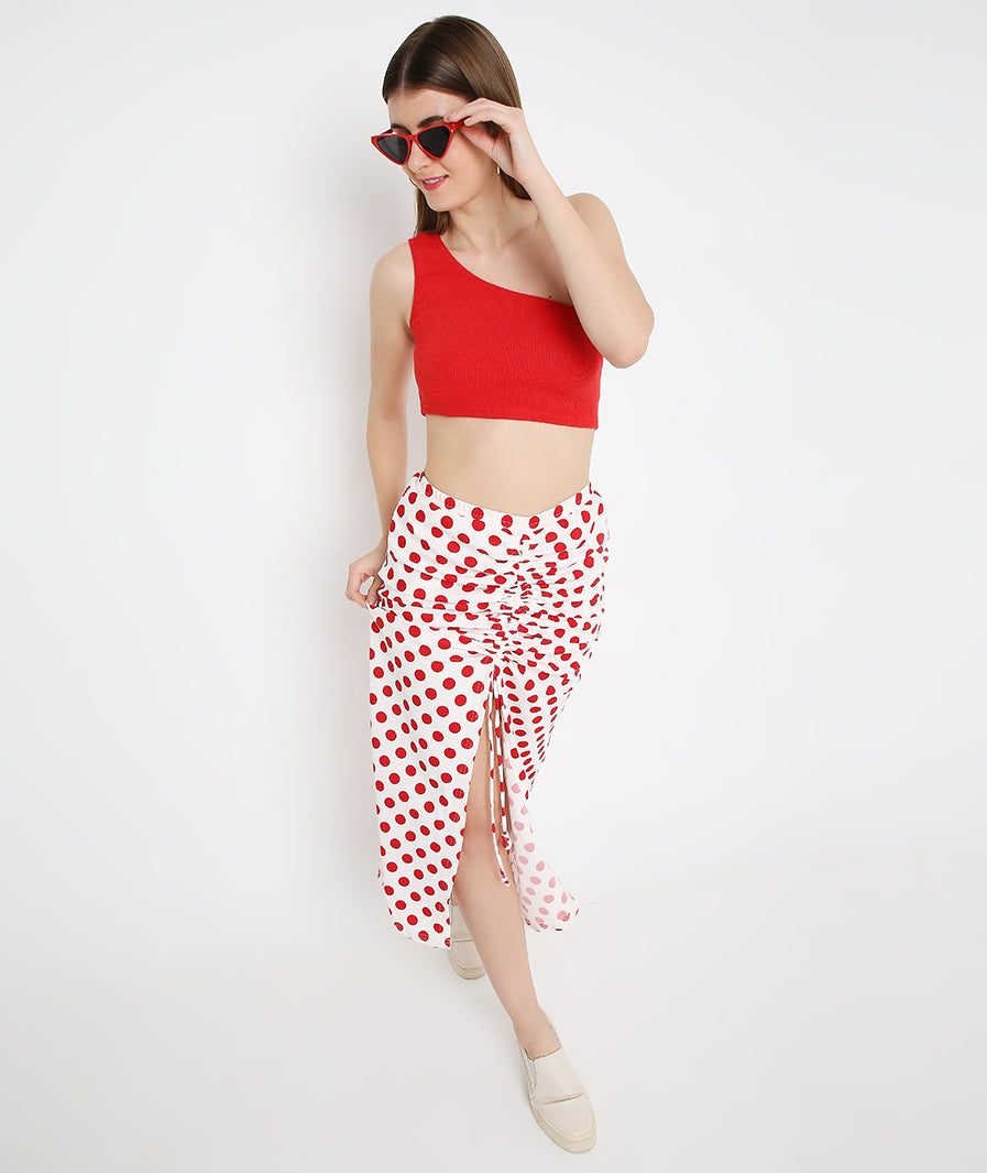 Marcel & Mae Red Polka Drawstring Long Skirt for Women for Women, print detail, red long skirt
