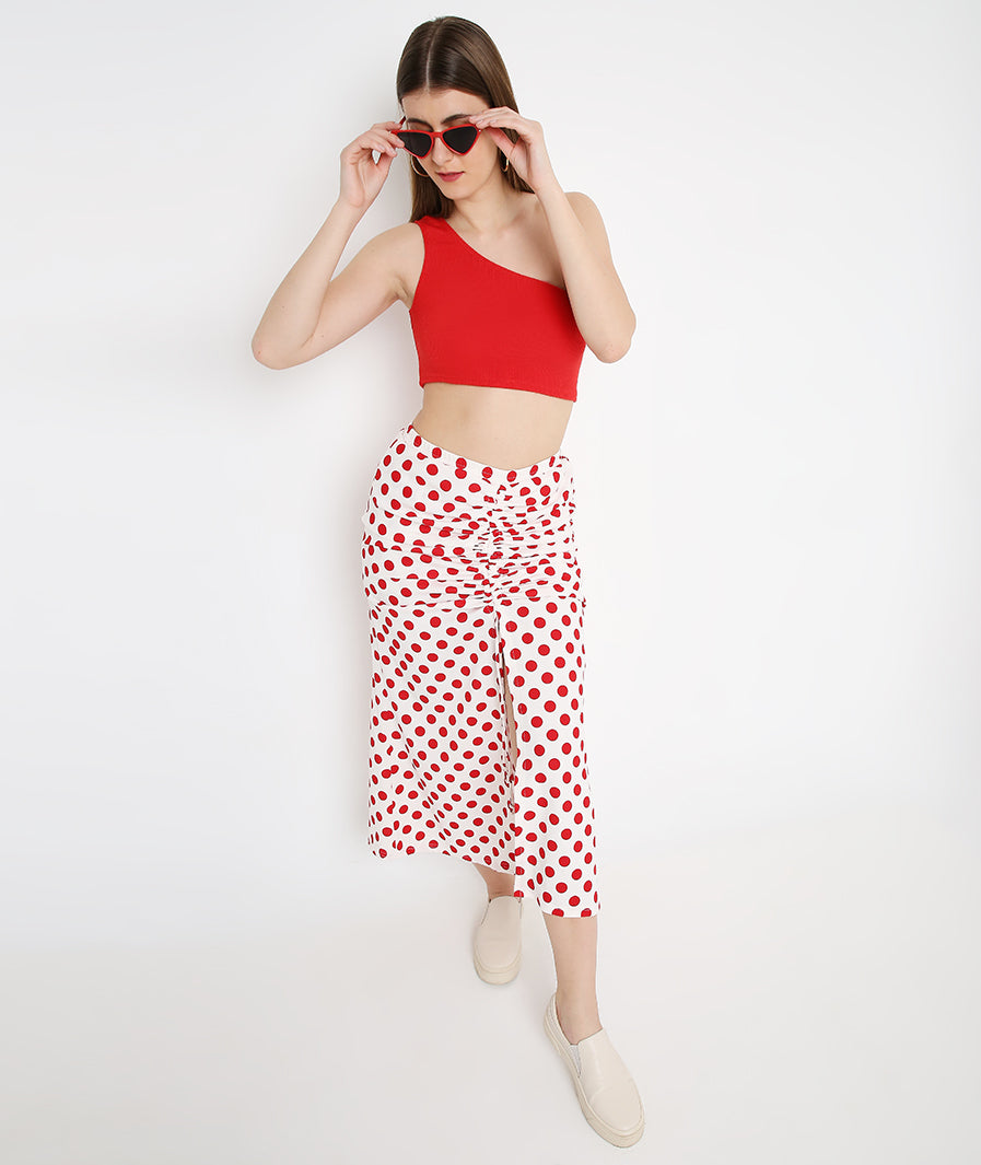 Marcel & Mae Red Polka Drawstring Long Skirt for Women for Women, pair with crop top look, red long skirt
