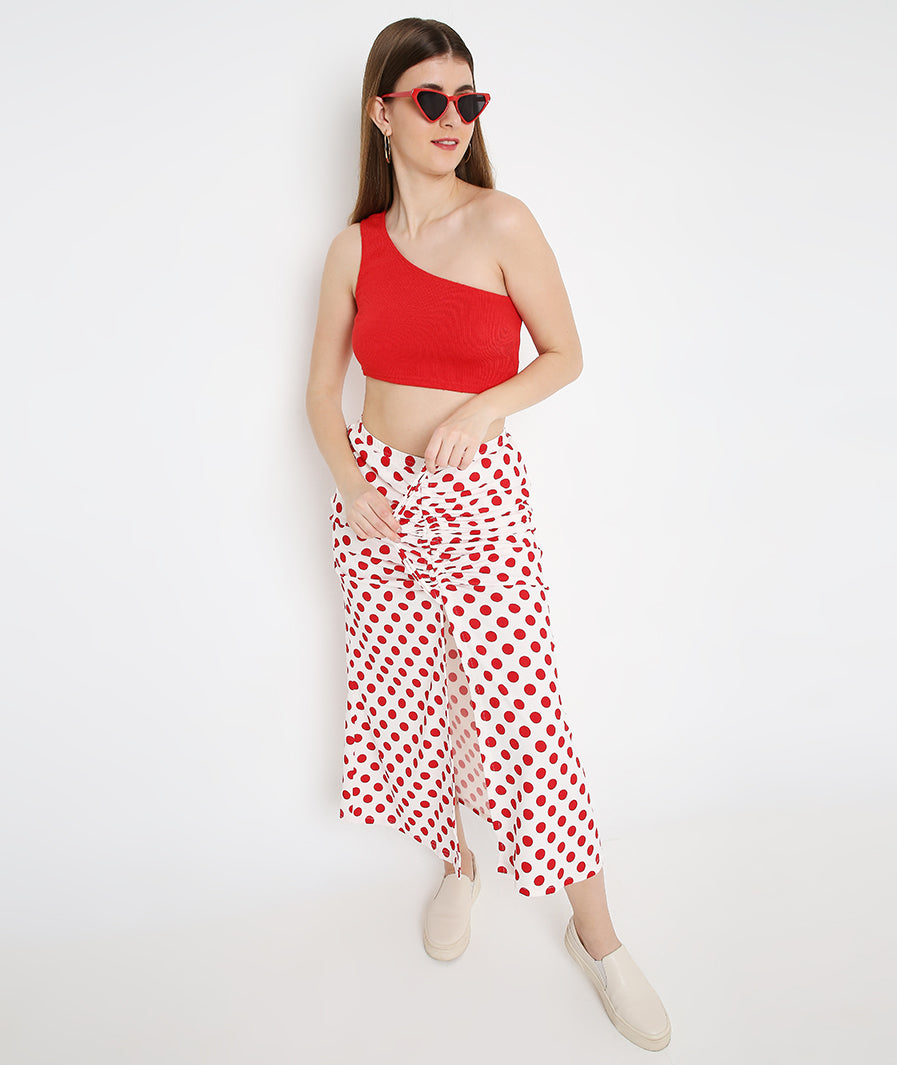 hem detail of Red Polka Drawstring Long Skirt for Women for Women – soft stretch western skirt, Marcel & Mae
