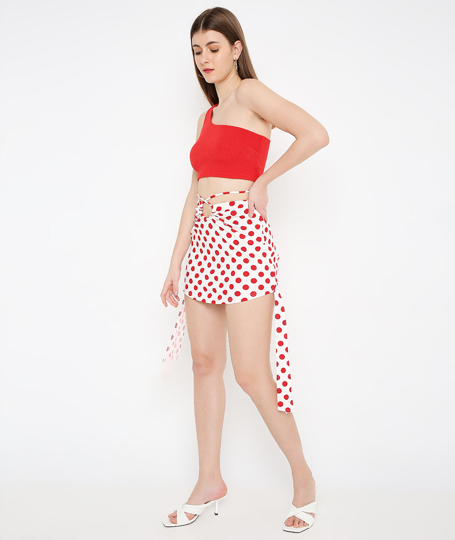 seated pose of Red Polka Cut-Out Mini Skirt – soft stretch western skirt, Marcel & Mae
