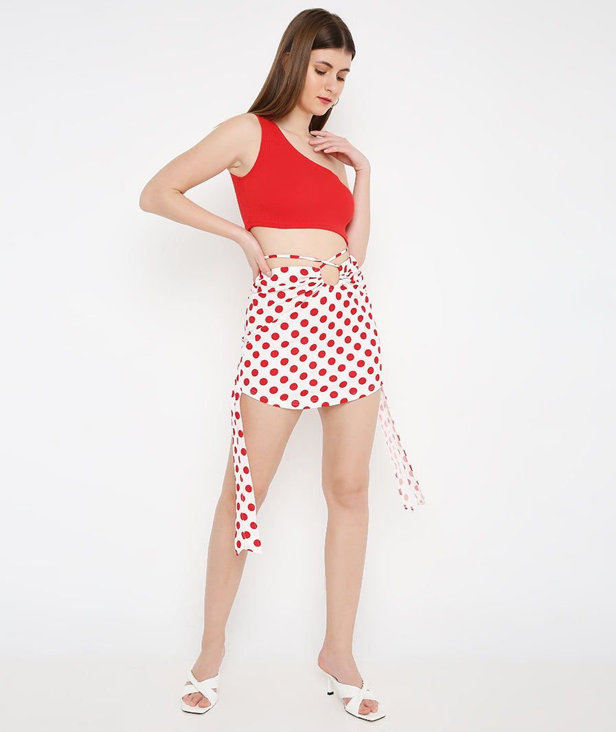 Red Polka Cut-Out Mini Skirt – waist detail western mini skirt for women, Marcel & Mae
