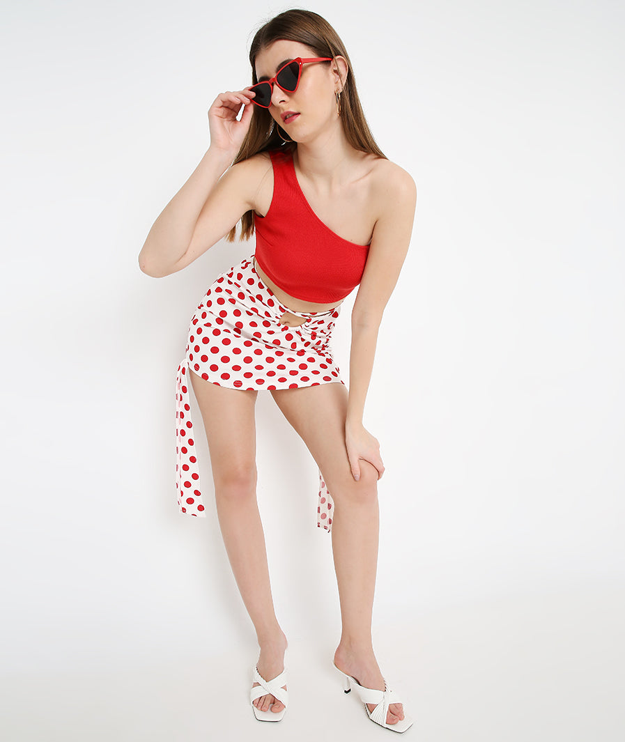 red mini skirt: Red Polka Cut-Out Mini Skirt (waist detail)

