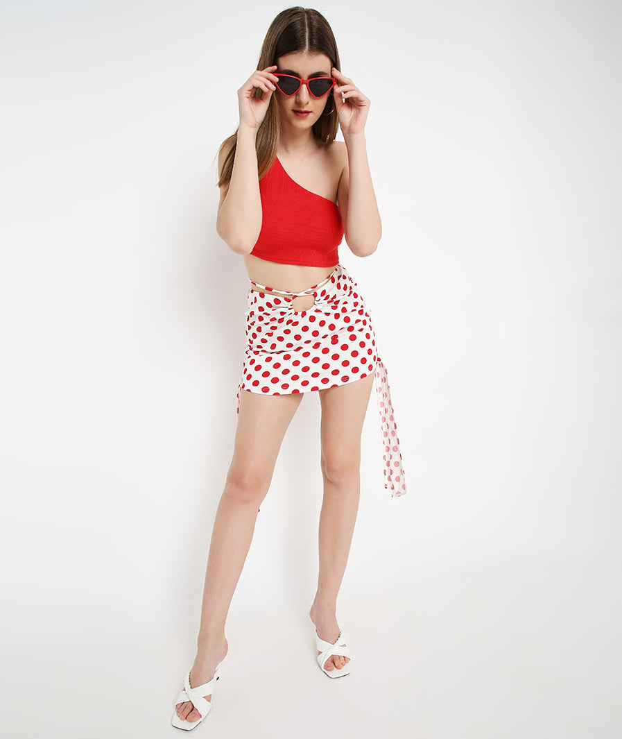 Marcel & Mae Red Polka Cut-Out Mini Skirt, texture close-up, red mini skirt
