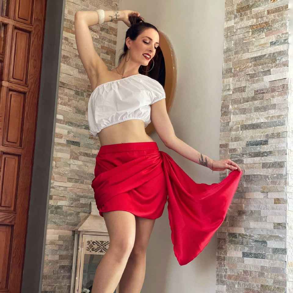 Marcel & Mae Red Satin Mini Skirt with Cowl, back view, red mini skirt
