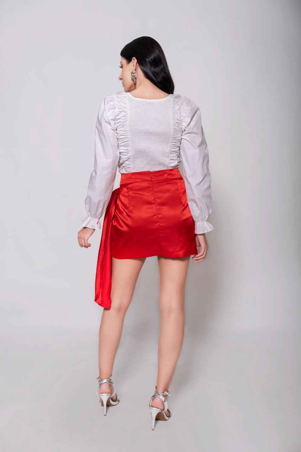 Red Satin Mini Skirt with Cowl – evening styling western mini skirt for women, Marcel & Mae
