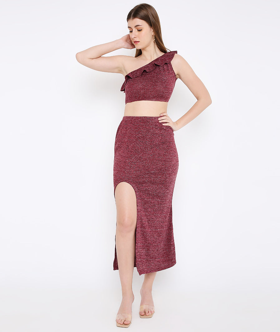 Marcel & Mae Red Shimmer High Slit Long Skirt, detail close-up, red long skirt
