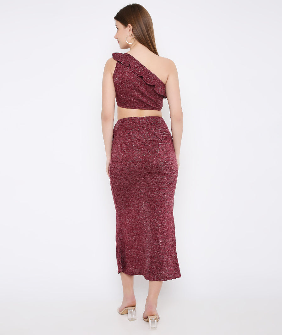 Red Shimmer High Slit Long Skirt – knot / tie detail western long skirt for women, Marcel & Mae

