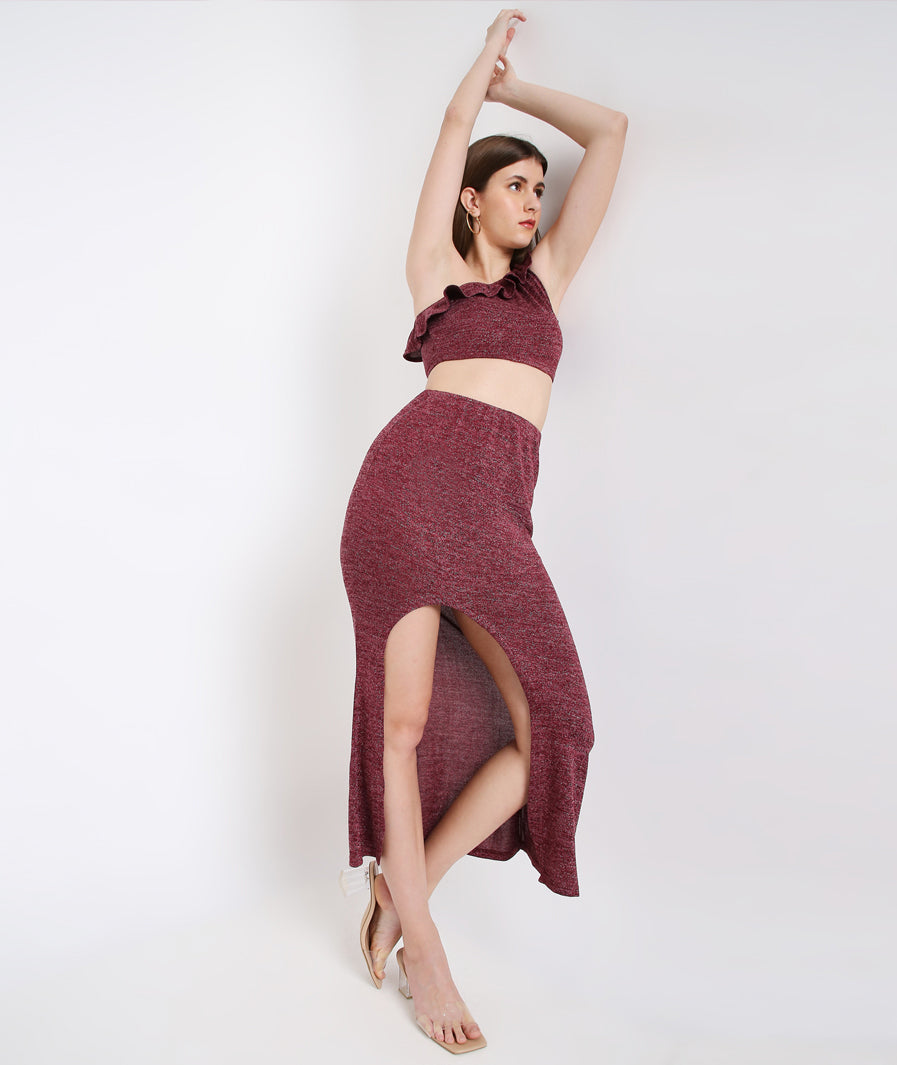 Red Shimmer High Slit Long Skirt styled for party and vacation – knot / tie detail
