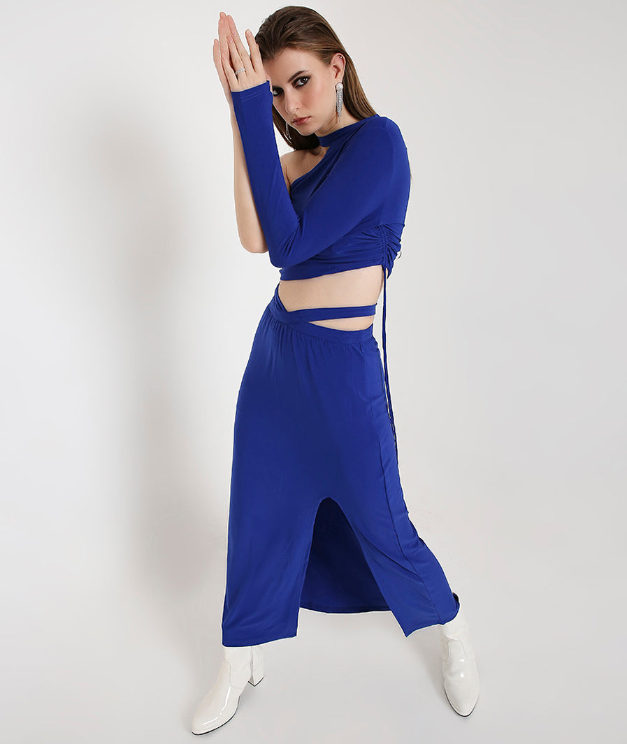 Marcel & Mae Royal Blue Long Skirt with Side Cut-Out, seated pose, royal blue long skirt
