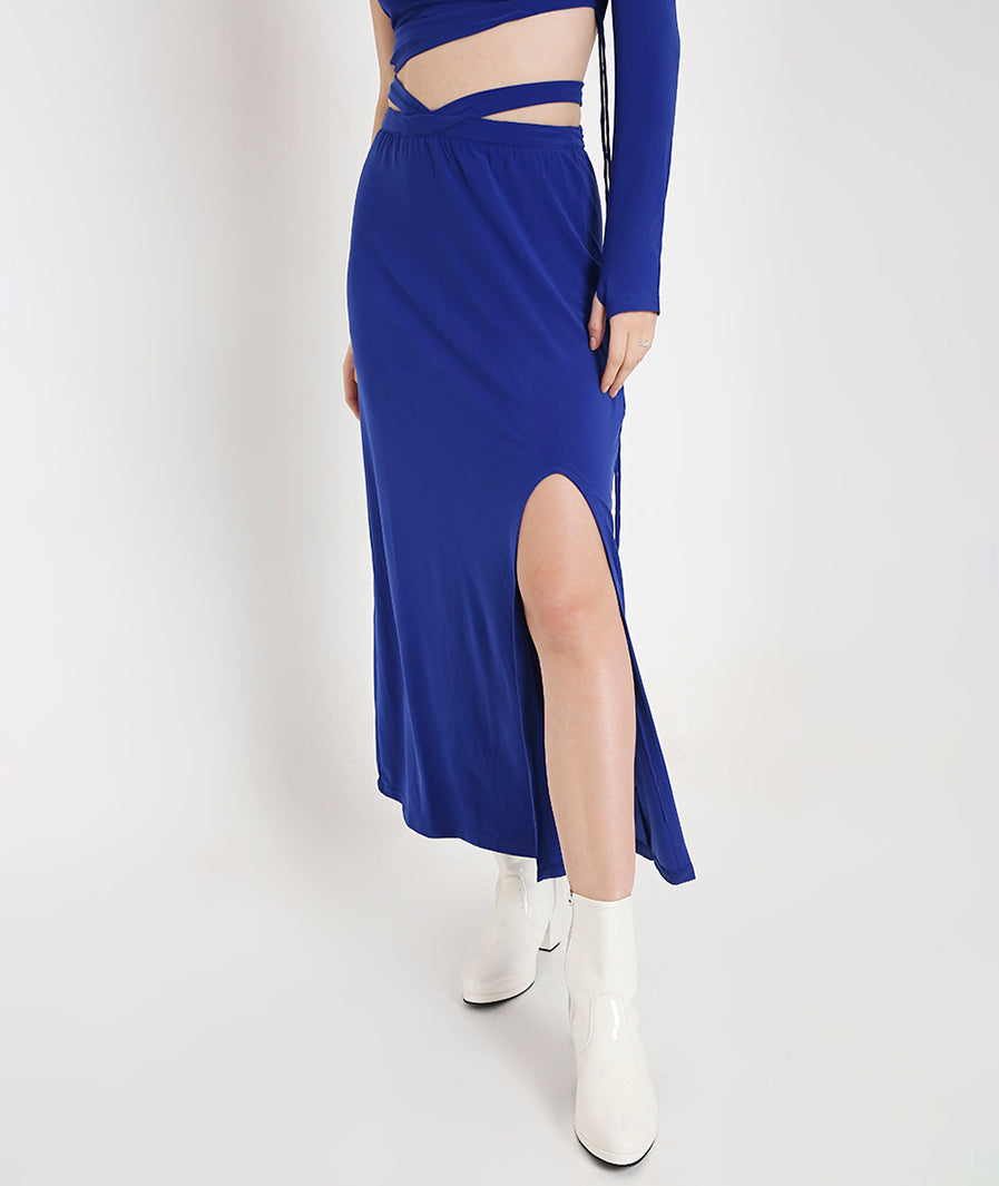 Royal Blue Long Skirt with Side Cut-Out styled for party and vacation – knot / tie detail
