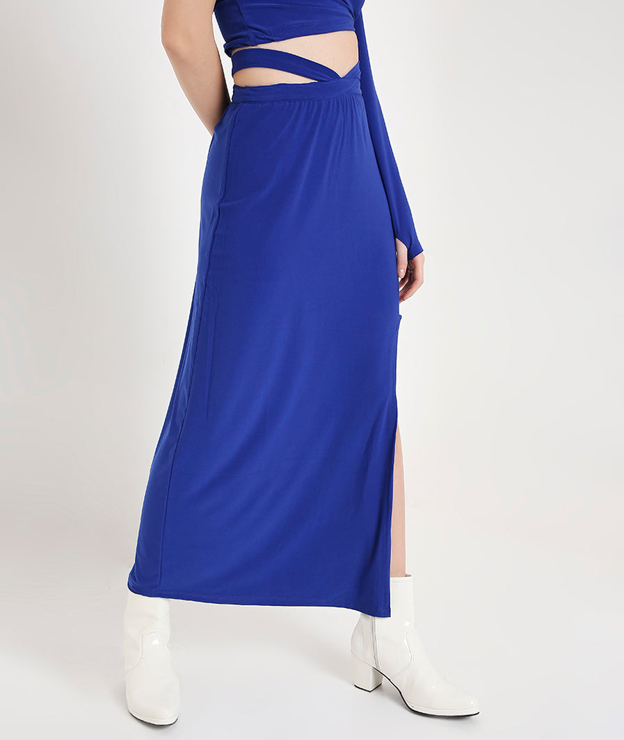 back view of Royal Blue Long Skirt with Side Cut-Out – soft stretch western skirt, Marcel & Mae
