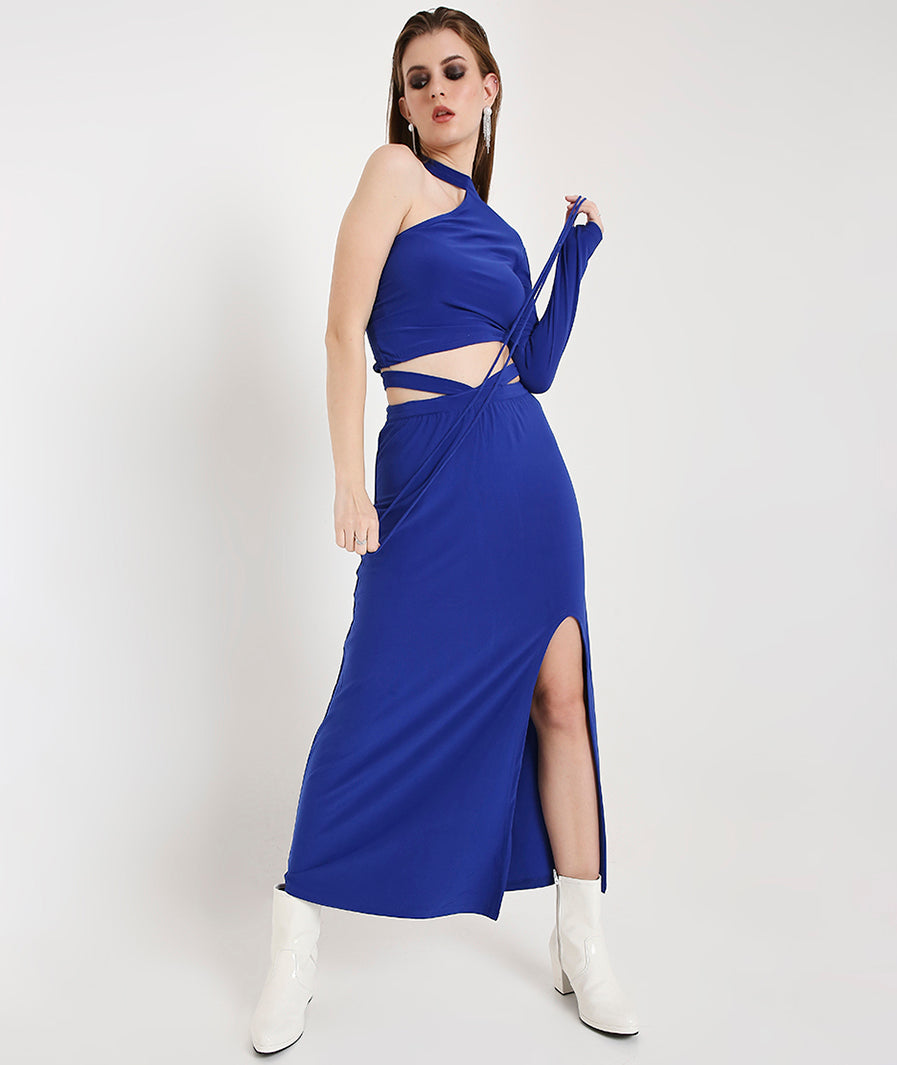 royal blue long skirt: Royal Blue Long Skirt with Side Cut-Out (walking shot)
