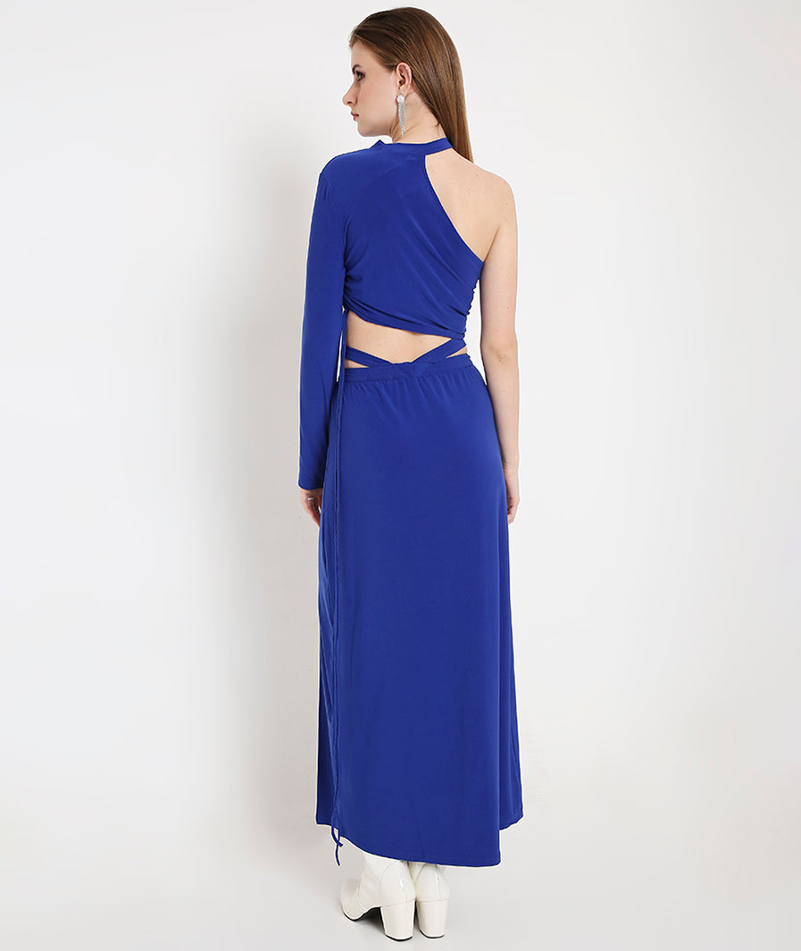walking shot of Royal Blue Long Skirt with Side Cut-Out – soft stretch western skirt, Marcel & Mae
