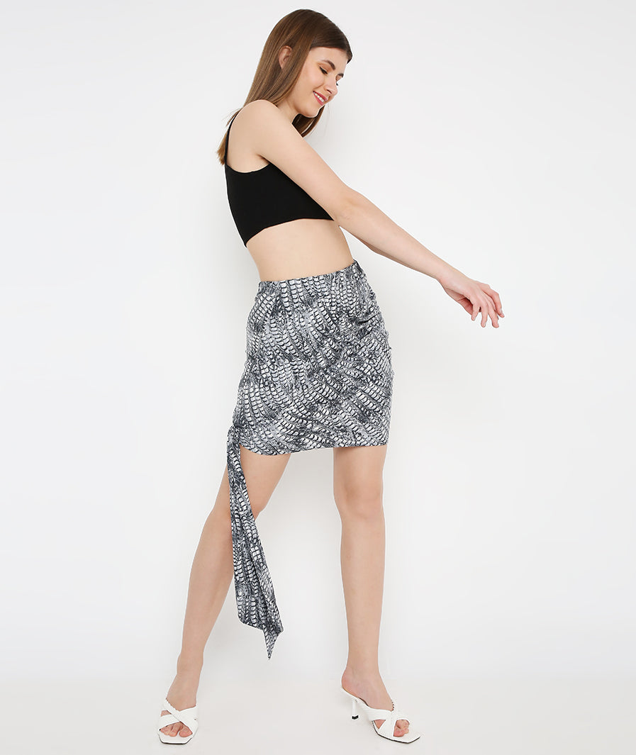 detail close-up of scaly animal print Knot Sash Mini Skirt – soft stretch western skirt, Marcel & Mae
