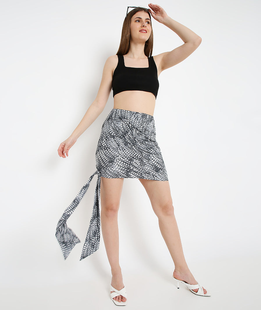 scaly animal print Knot Sash Mini Skirt – evening styling western mini skirt for women, Marcel & Mae

