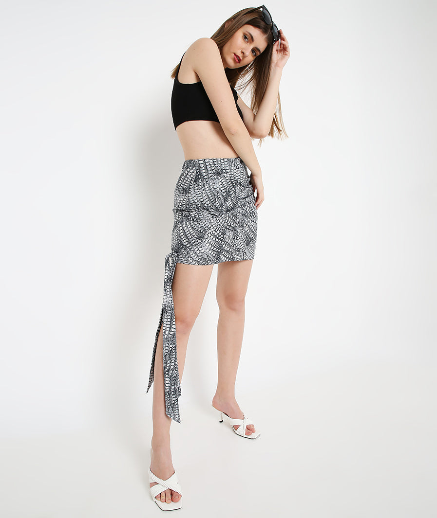 statement mini skirt: scaly animal print Knot Sash Mini Skirt (print detail)
