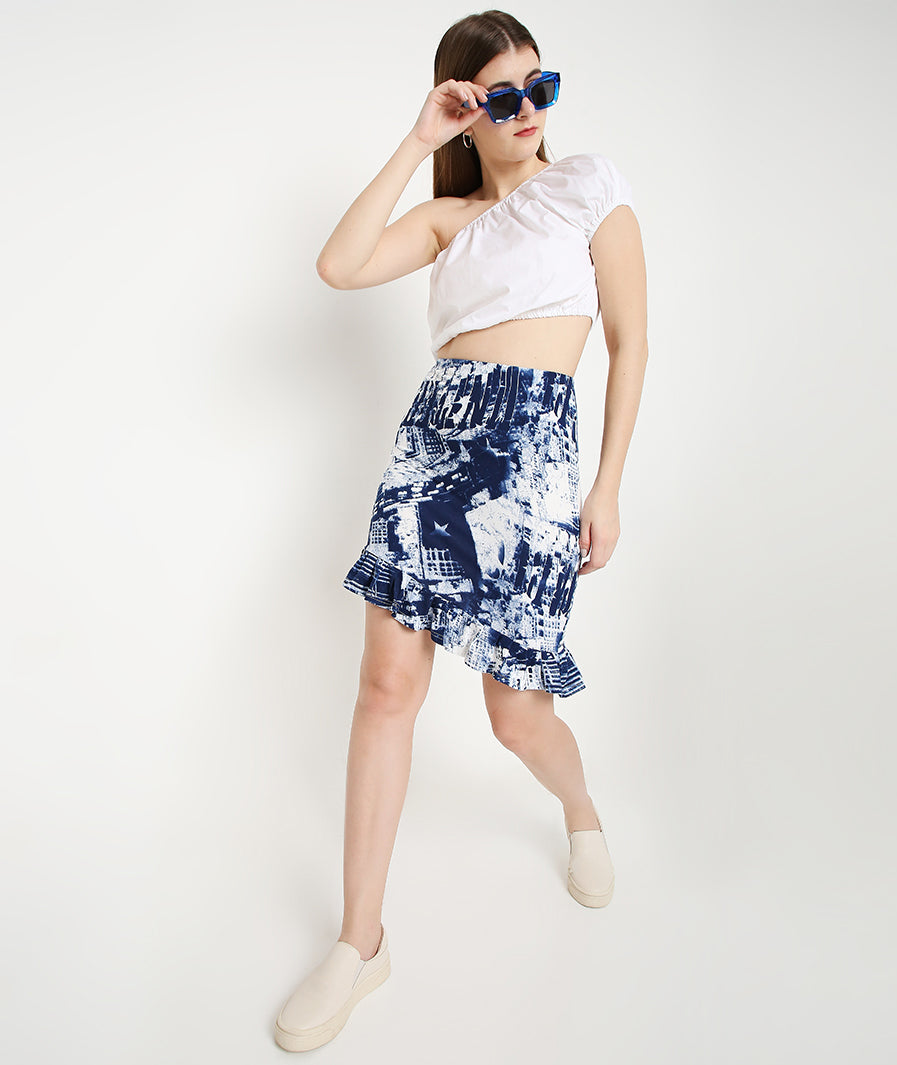 Marcel & Mae Tie Dye Asymmetric Mini Frill Skirt, vacation styling, tie-dye mini skirt
