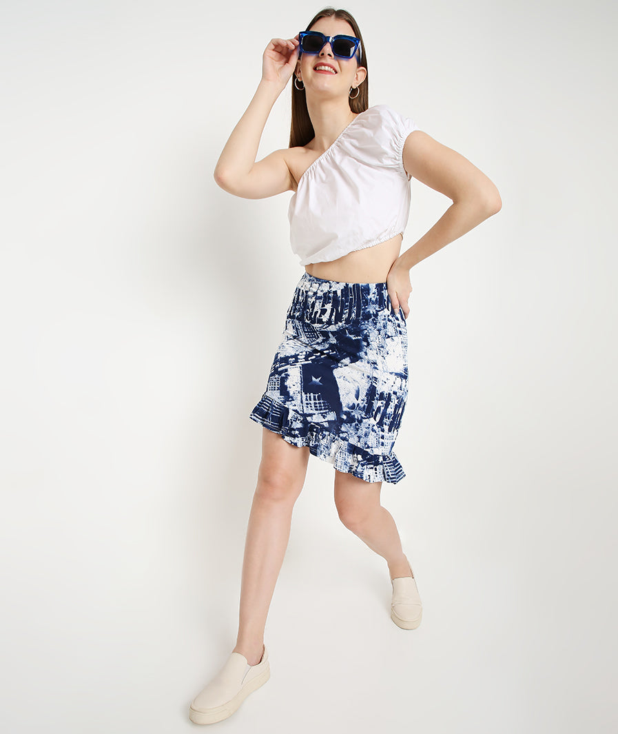 Tie Dye Asymmetric Mini Frill Skirt – texture close-up western mini skirt for women, Marcel & Mae
