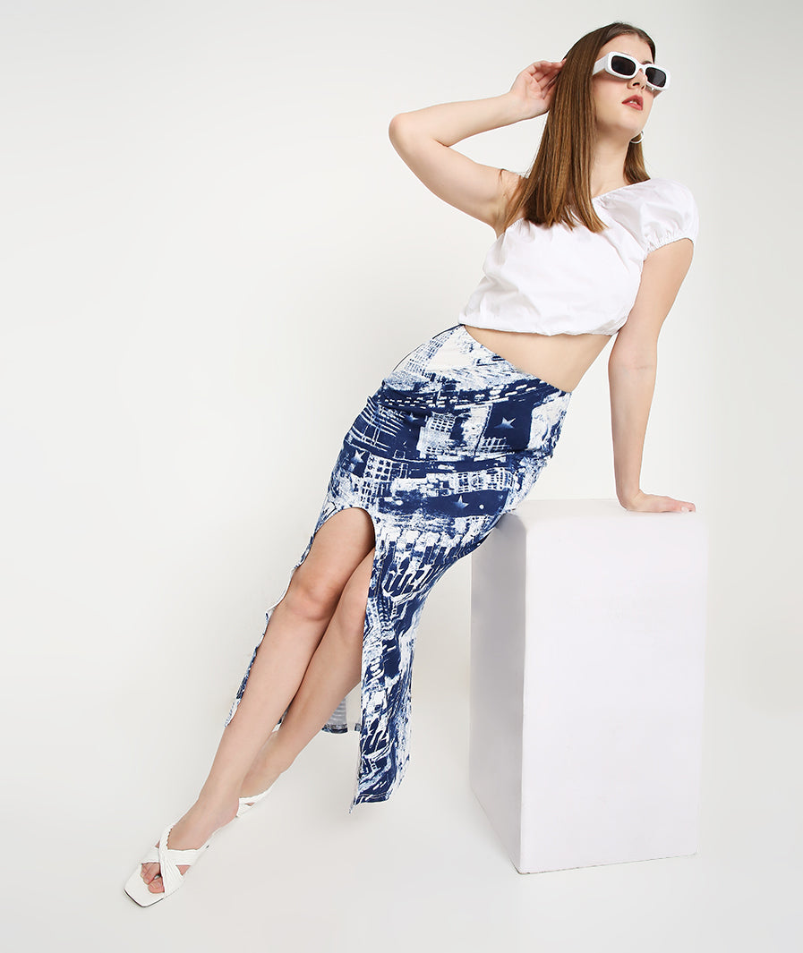 detail close-up of Tie Dye Front Cut Long Skirt – soft stretch western skirt, Marcel & Mae
