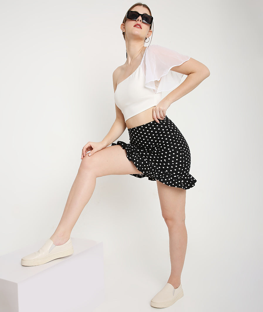 Marcel & Mae White Polka Dots Asymmetric Mini Frill Skirt, hem detail, white mini skirt

