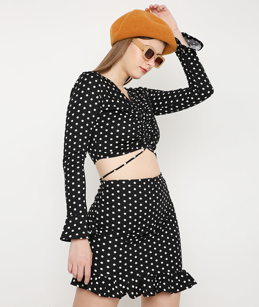 Marcel & Mae White Polka Dots Asymmetric Mini Frill Skirt, print detail, white mini skirt
