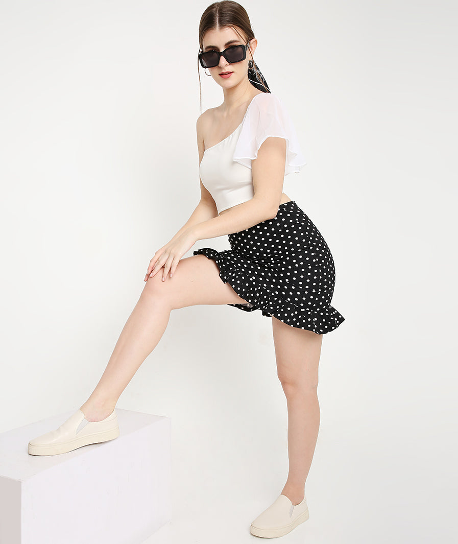 waist detail of White Polka Dots Asymmetric Mini Frill Skirt – soft stretch western skirt, Marcel & Mae
