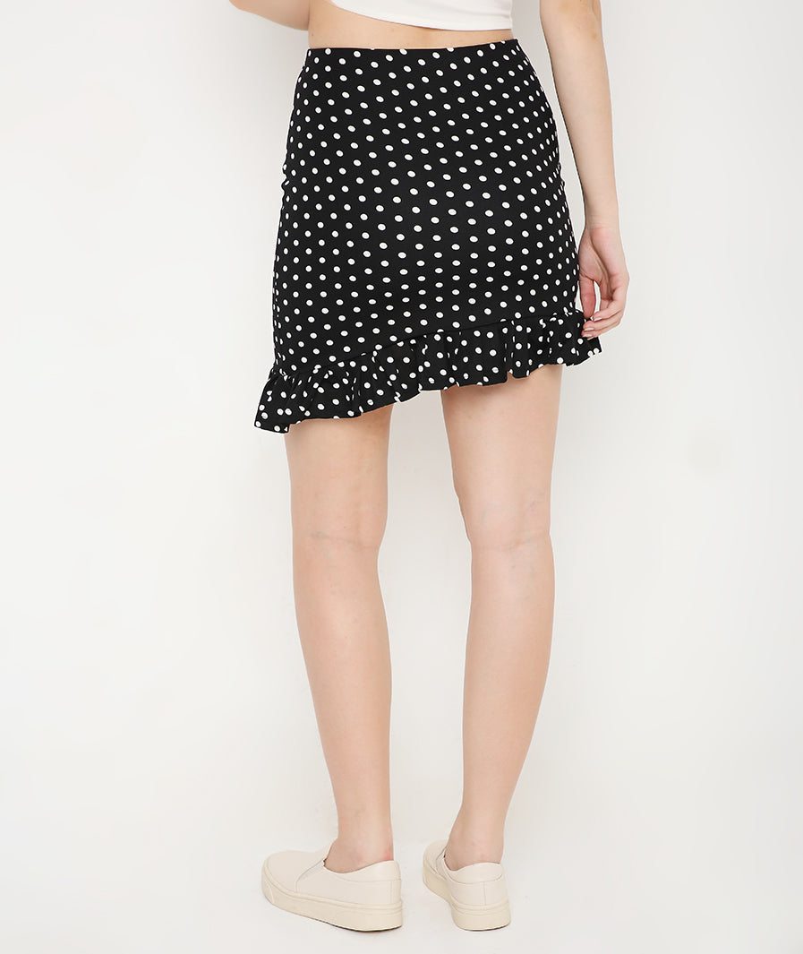 white mini skirt: White Polka Dots Asymmetric Mini Frill Skirt (side angle)
