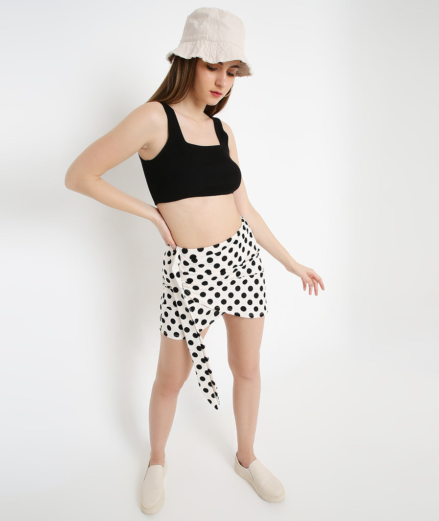 evening styling of White Polka Dots Sarong Mini Skirt – soft stretch western skirt, Marcel & Mae
