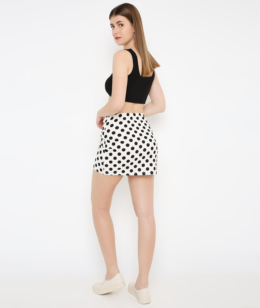 Marcel & Mae White Polka Dots Sarong Mini Skirt, print detail, white mini skirt
