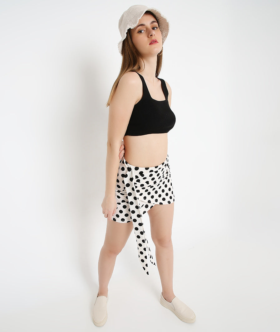Marcel & Mae White Polka Dots Sarong Mini Skirt, waist detail, white mini skirt
