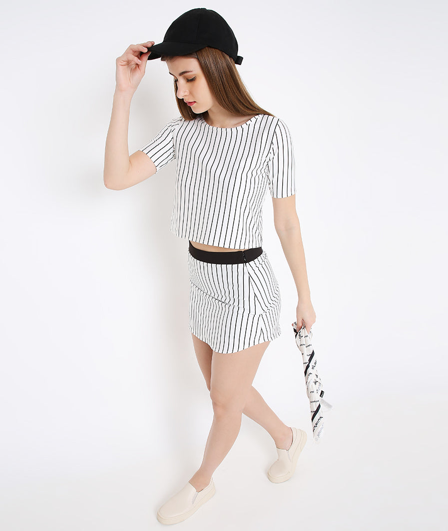 White Stripe Mini Skirt – walking shot western mini skirt for women, Marcel & Mae
