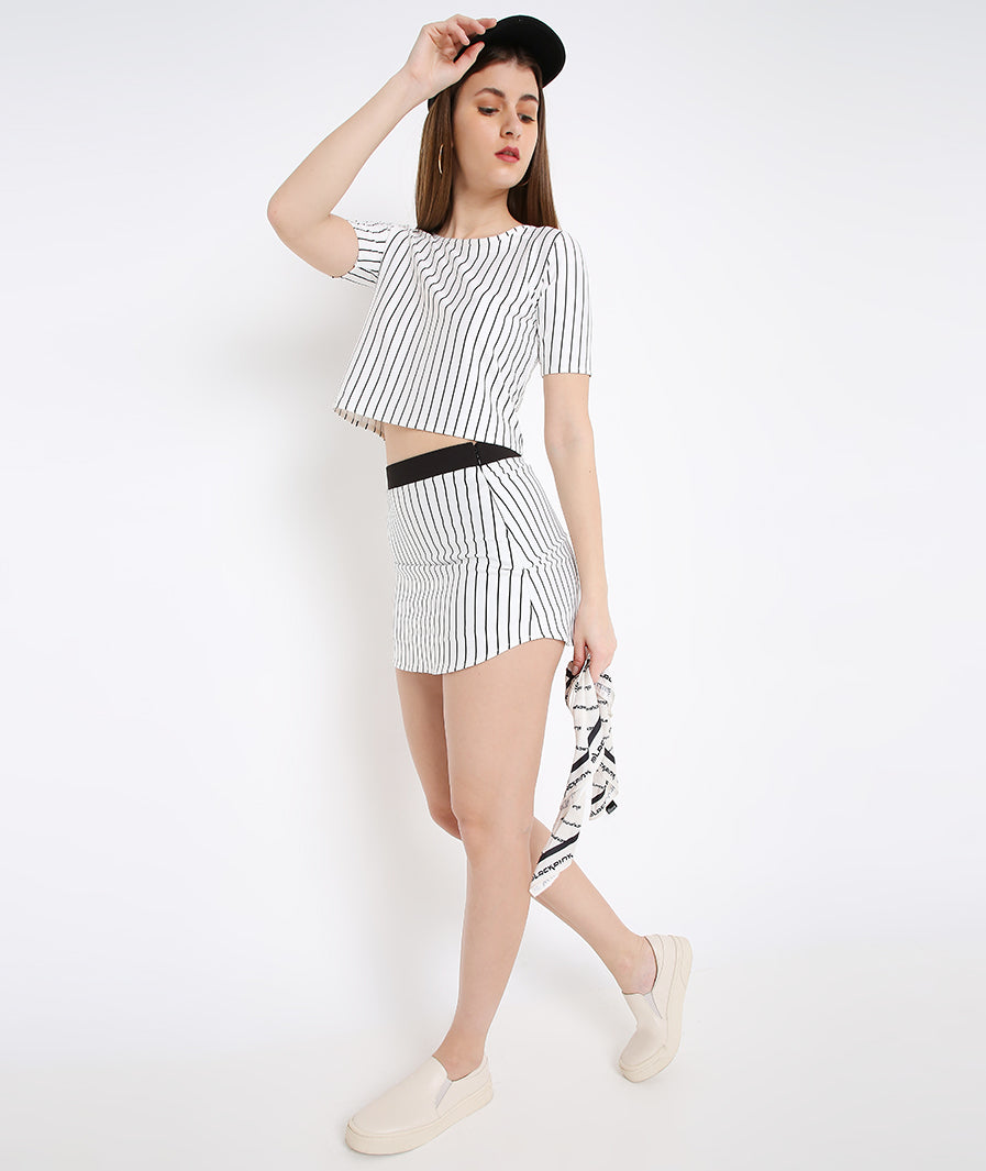 White Stripe Mini Skirt – waist detail western mini skirt for women, Marcel & Mae
